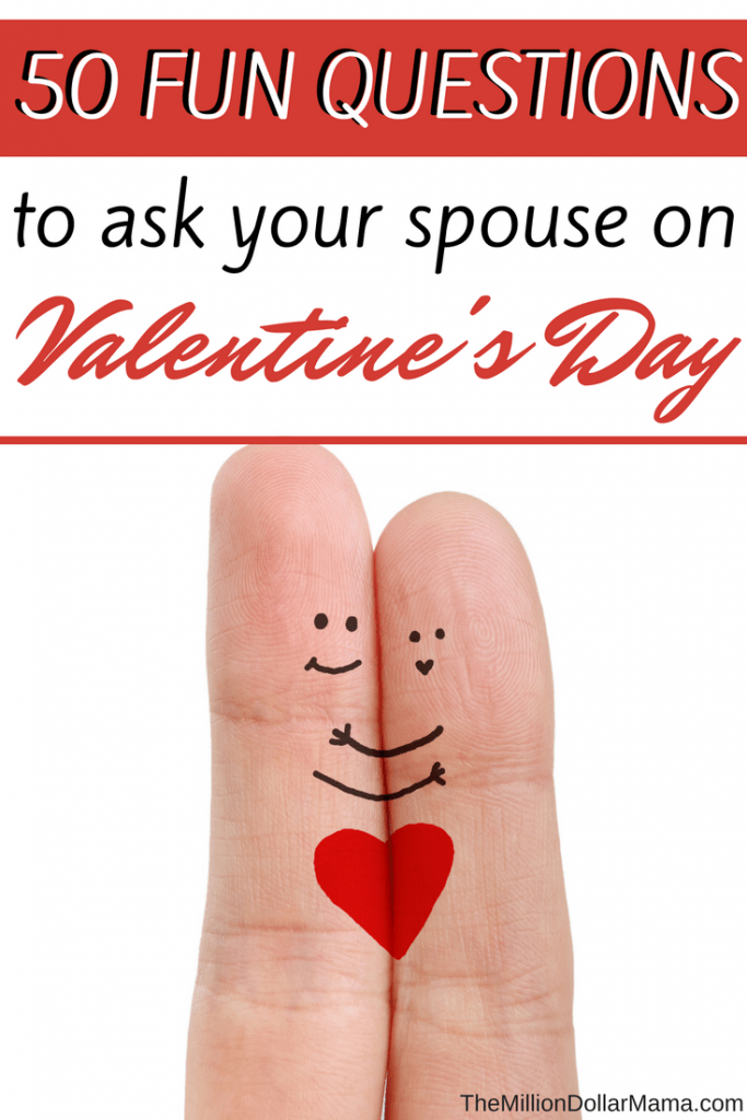 Two fingers with heart painted on it with text saying 50 fun questions to ask your spouse on Valentine's Day