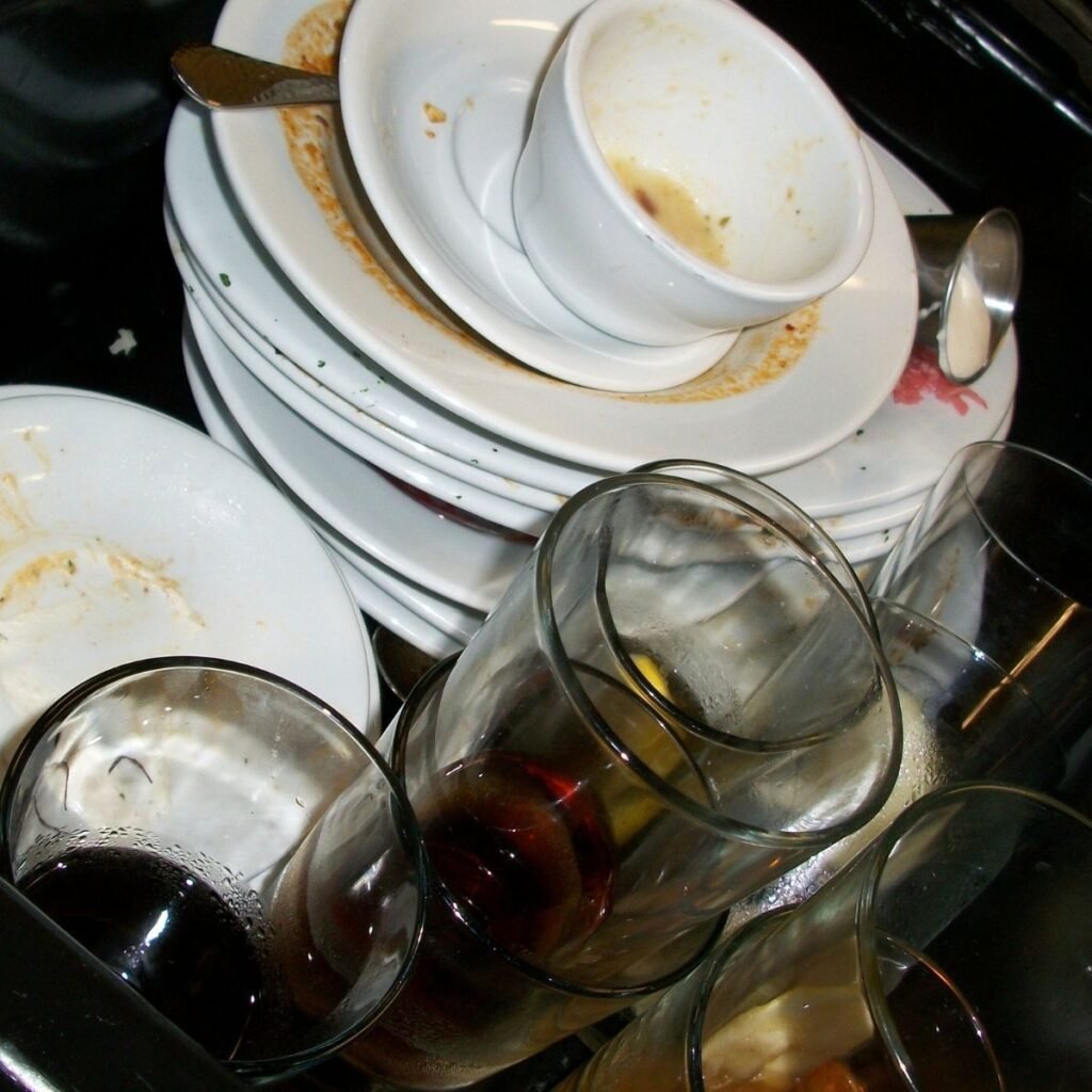 a pile of dirty dishes