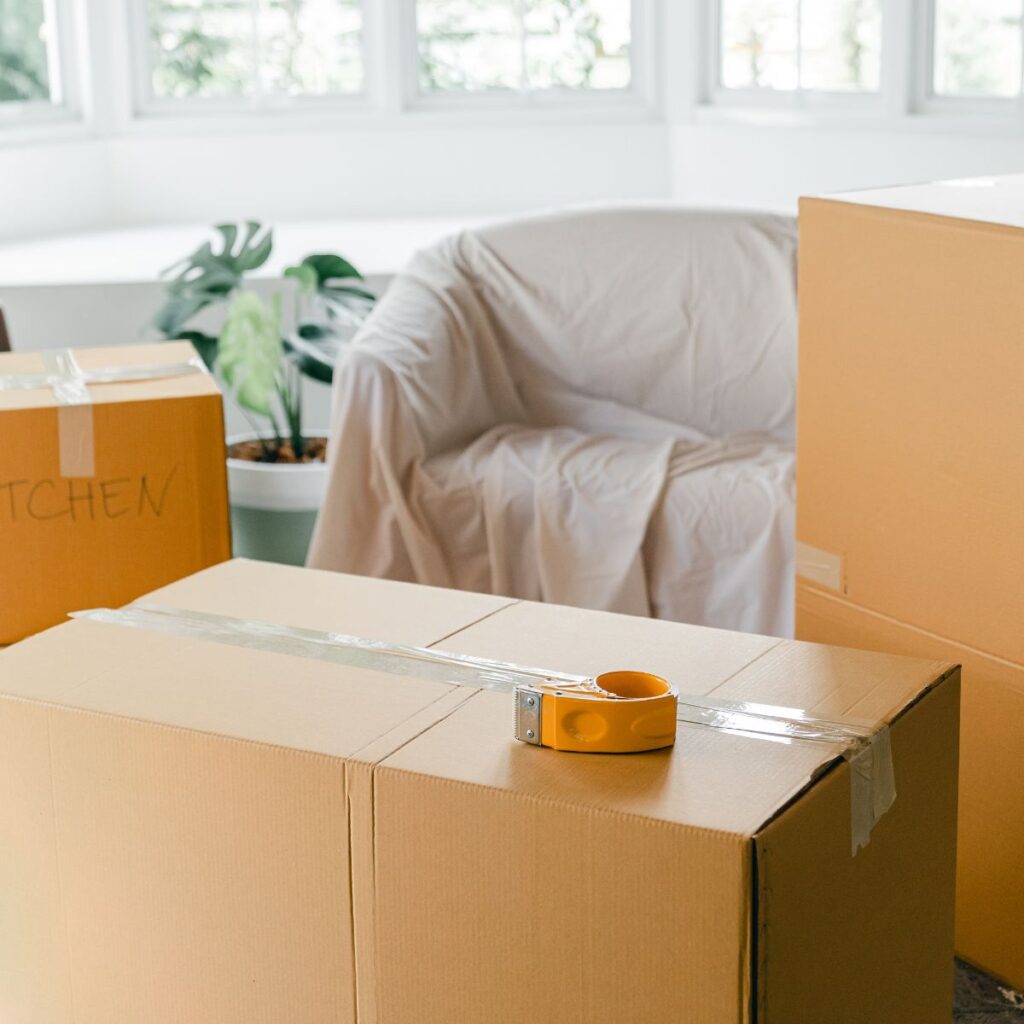 packing boxes in a living room